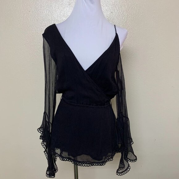 Love Sam Womens Seer Cold Shoulder Wrap-Effect Georgette Blouse MEDIUM Black - Picture 1 of 12